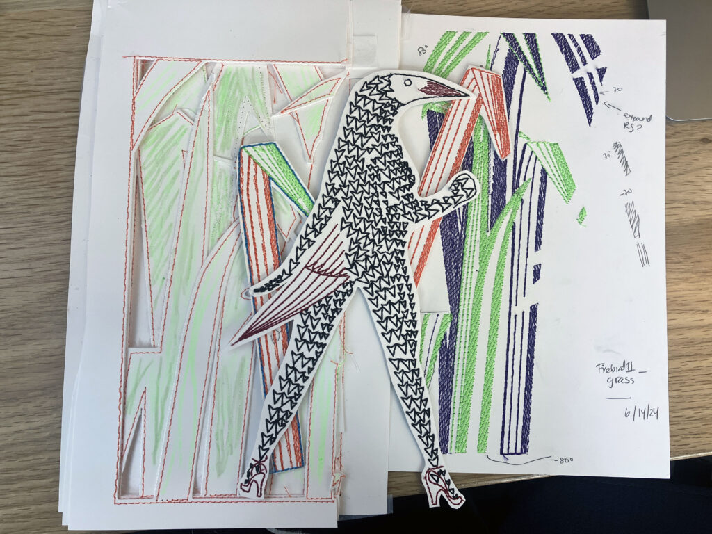 A prototype of a Boris Bucan poster. A bird-like woman figure with oversized blades of grass behind her. 