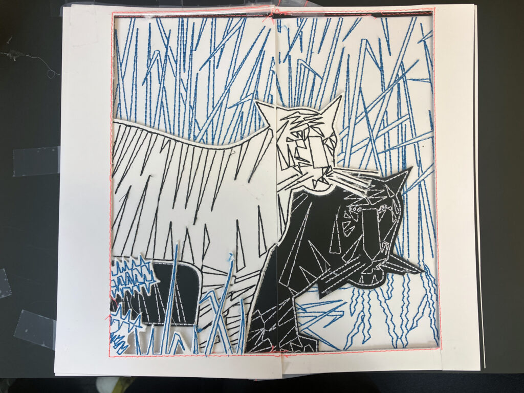 A prototype of a Boris Bucan poster. Outlines of a white tiger and a black tiger stitched on black and white paper. They are surrounded by long grasses. 