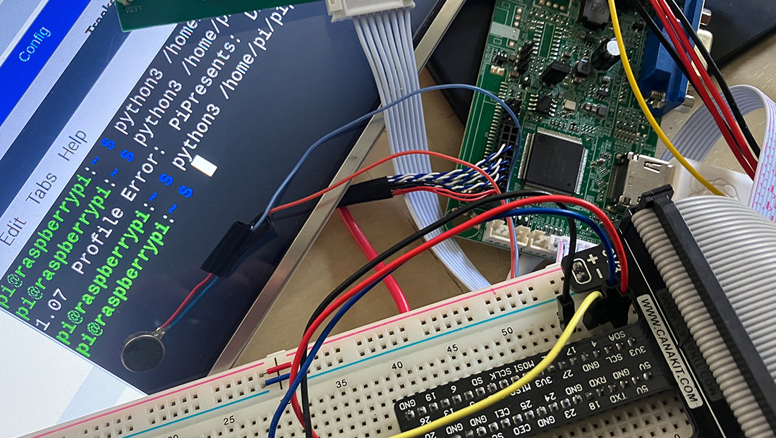 Raspberry pi mini computer screen and a tangle of wires, work in progress for the Peale Museum